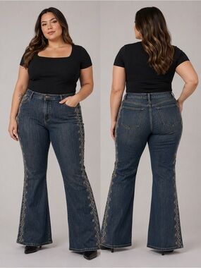 COS Jeans  Women’s Blue Embroidered Flared Jeans waist 34 inseam 32